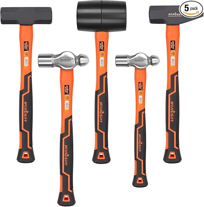 HORUSDY 5-Piece Hammer Set, 16oz and 32oz Ball Pein Hammers, 32oz Rubber Mallet, 3lb Sledge, 3lb Cross Peen Hammer