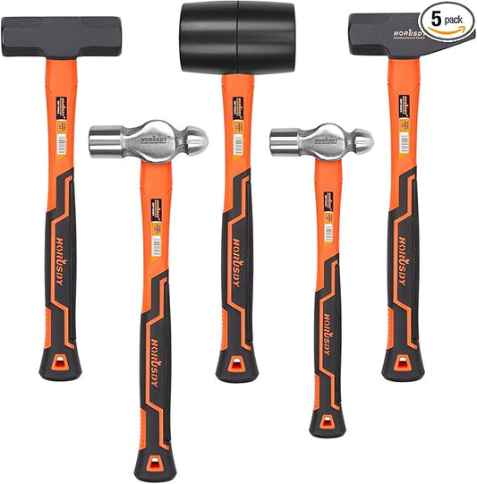 HORUSDY 5-Piece Hammer Set, 16oz and 32oz Ball Pein Hammers, 32oz Rubber Mallet, 3lb Sledge, 3lb Cross Peen Hammer
