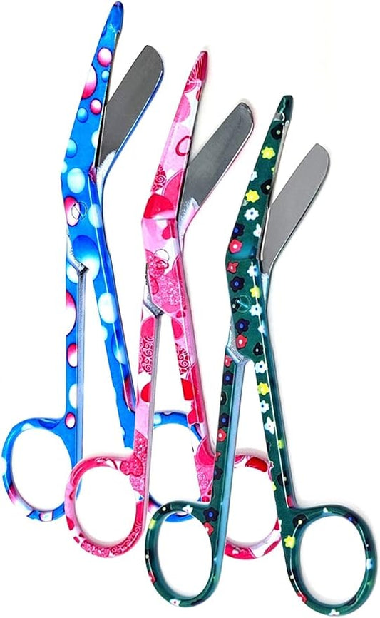 Set of 3 Assorted Pattern Nurse Doctor EMT Lister Bandage Scissors 5.5" (14cm), Stainless Steel, Premium Quality-Ideal Gift (PK2)
