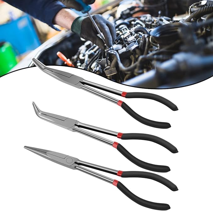 3 Pcs Needle Nose Pliers Set11 Inch Carbon Steel Long Reach Pliers Non-slip Straight 25째/45째/90째 Bent Nose O-Shaped Circle Pliers for Machinist Engineer Narrow Spaces