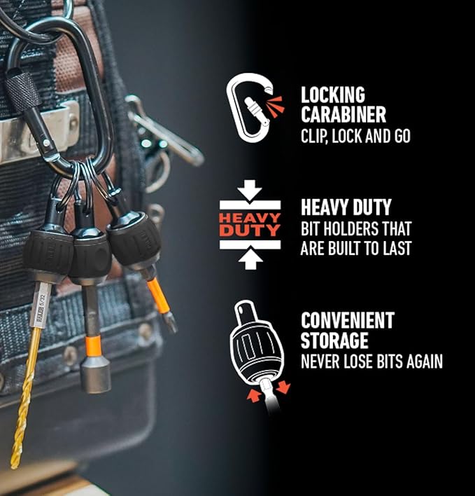 Bit Holder Key Chain Screwdrivers - Railer Heavy Duty 1/4" Hex Soft Ball Grip Bit Holders & Secure Keychain Carabiner. HVAC Tools w/Quick Release For Nut Drivers, Impact Driver & Drill Bits