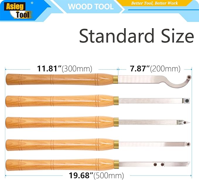 AT05 Carbide Tipped Wood Turning tools Lathe set Rougher Detailer Finisher Swan Neck Hollower Parting Tool with Solid Wood Handle and Diamond Round Square Carbide Inserts 5pcs