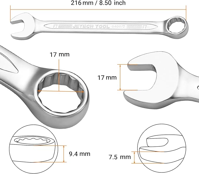 Jetech 17mm Combination Wrench - Industrial Grade, Chrome Vanadium Steel, Sand Blasted Finish, Forged, Heat-Treated, Metric