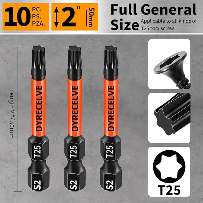 10-Pack T25 Torx Bits for Impact Driver, T-25 Torx/Star Bit Set 2'' Long, Magnetic Torque Head, Premium S2 Alloy Steel, 1/4'' Hex-Shank for Professional & DIY Use
