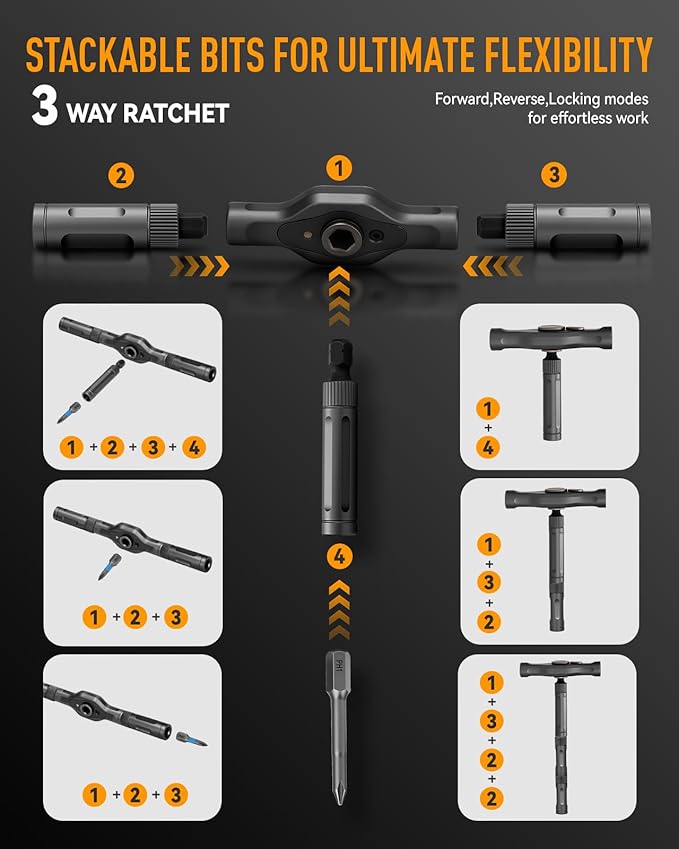 Magnetic Ratchet Screwdriver Set 42 + 1, T Handle Ratchet Screwdriver with S2 Steel Multi Bits, Magnetic Screwdriver Set with a Magnetic Pickup Tool for Home Daily Repair Furniture & DIY, Orange