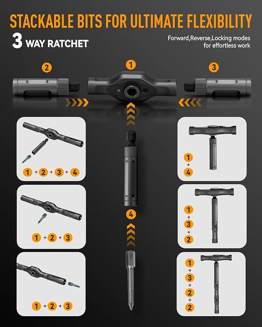 Magnetic Ratchet Screwdriver Set 42 + 1, T Handle Ratchet Screwdriver with S2 Steel Multi Bits, Magnetic Screwdriver Set with a Magnetic Pickup Tool for Home Daily Repair Furniture & DIY, Orange