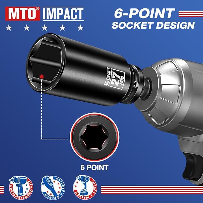 MTO 1/2" Drive 27mm Deep Impact Socket, 6-Point Metric Socket for Automotive Maintaince, CR-V Steel Meets ANSI Standards