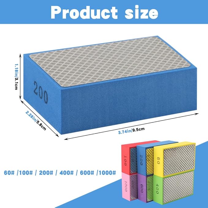 6 Pack Diamond Polishing Pads, Sanding Blocks, Tile Tools Foam Backing Diamond Sanding Pads Grit 60,100,200,400,600,1000 for Tile Glass Ceramic Wood Marble Metal