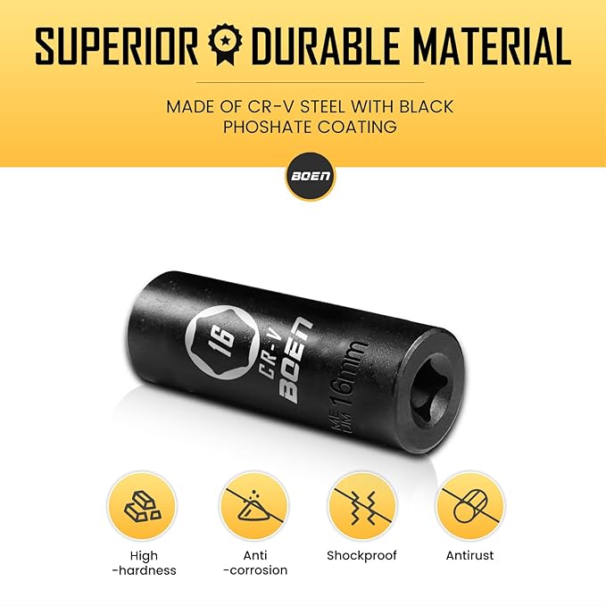 BOEN 1/2" Drive Deep Impact Socket,16mm Premium Socket,Metric,6 Point,Cr-V Steel with Laser Marking - Strong and Durable