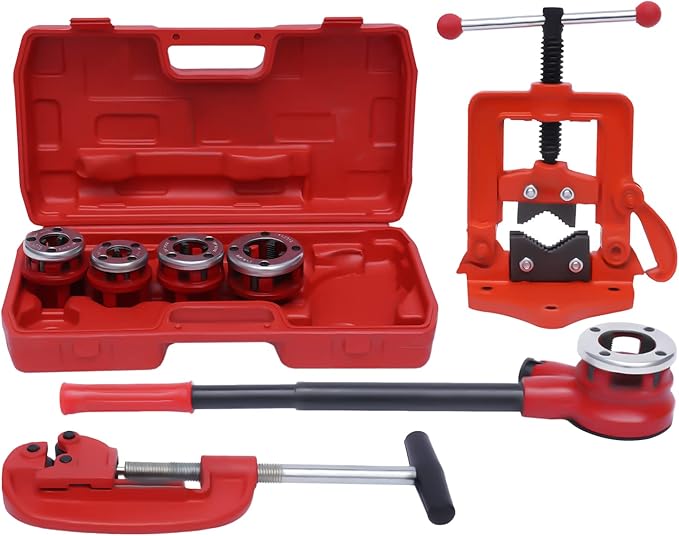 Eapmic BSTP Ratchet Pipe Threader Kit Portable Handheld Manual Pipe Thread Tool Set Ratcheting Pipe Threading Tool with 5 Dies Set 3/8'', 1/2'', 3/4'', 1'', 1-1/4'' + Pipe Cutter + Pipe Vise