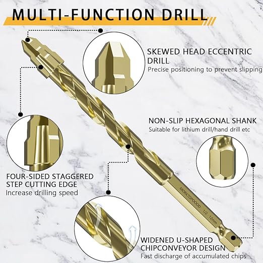 Masonry Drill Bit Set for Ceramic Tile, Concrete Drill Bit with Tungsten Carbide Tip for Marble, Cinder Block, Glass, Brick, Metal, Cement, Concrete, Plastic, Wood, Granite and Wall,5PCS