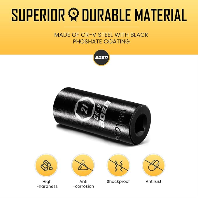 BOEN 1/2" Drive Deep Impact Sockets, Premium Impact Socket, 21mm Socket, Metric, 6 Point, Cr-V Steel with Laser Marking - Strong and Durable