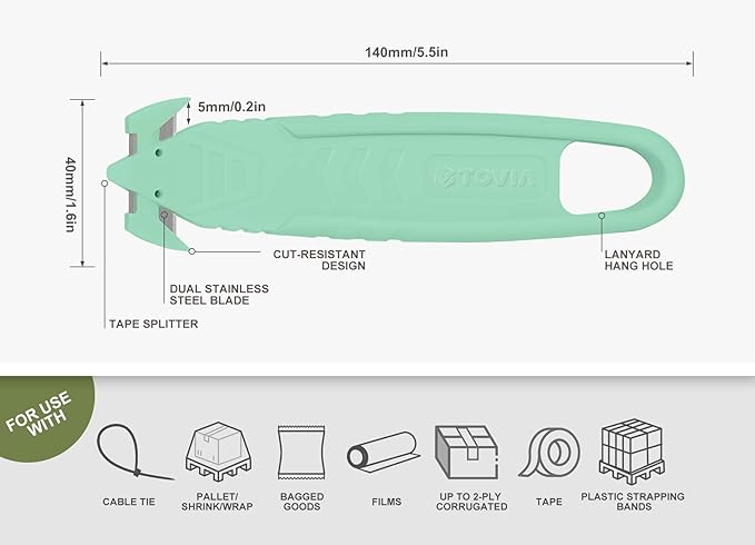 Safety Box Cutter, T TOVIA Sharp Durable Stainless Steel Concealed Blade Package Opener with Tape Splitter for Cartons, Cardboard, Wrap, Straps, Film (5 Pcs - Green)