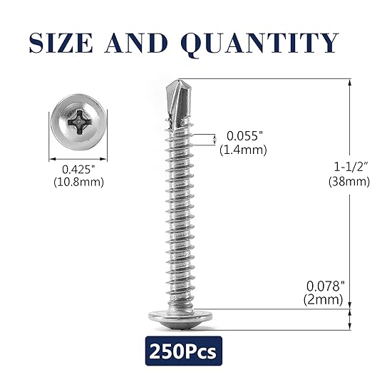 #8 x 1-1/2" Sheet Metal Screws 250PCS 410 Stainless Steel Truss Head Fast Self Tapping Screws by SG TZH
