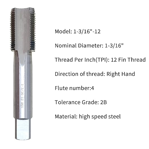 Lzcdelyxiao 1-3/16"-12 Tap, UN, Right Hand Straight Flute Thread Tap, Machine Tap, 1 3/16"-12, Nominal Diameter 1-3/16", Thread Per Inch 12 Fin Thread, Tolerance Grade 2B, High Speed Steel HSS