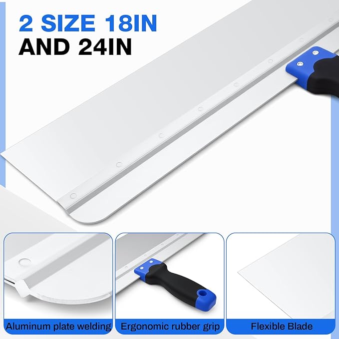 2 Pcs 18" and 24" Stainless Steel Drywall Taping Knife Set Drywall Skimming Blade with Soft Grip Handle for Dry Wall Paint Scraper, Putty Knife, Taping Tools