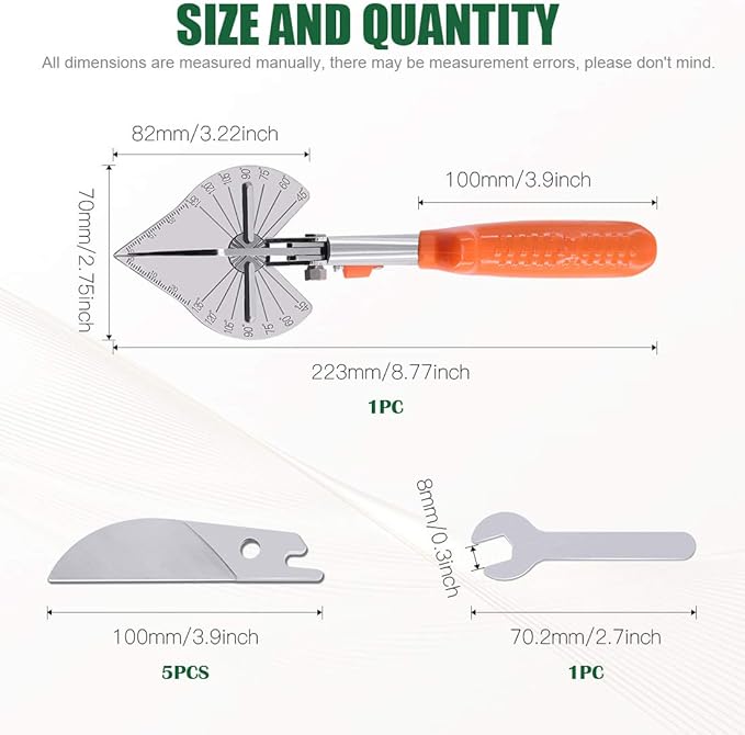 Keadic 7Pcs Multi Angle Miter Shear Cutter, Multifunctional Trunking/Miter Shears with Wrench and Upgrade Spare Blades, Quarter Round Cutting Tool for Cutting Soft Wood Plastic(45 to 135 Degree)