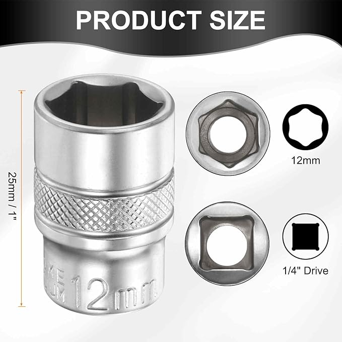 HARFINGTON 6 Points Deep Socket 1/4" Drive 12mm Deep Metric CR-V Steel Polished Nickel Plating Flip Sleeve 25mm / 1" Extra Long Socket Tool for Home Auto Nuts Bolts Repair