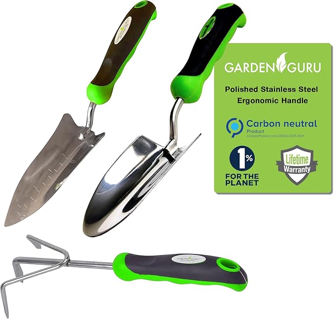 Garden Guru Garden Tool Set 3pc Hand Trowel Transplanter Cultivator ??Heavy Duty Rust Resistant Stainless Steel - Ergonomic Comfort Grip Handle ??Perfect Gardening Tool Kit Gifts for Women & Men