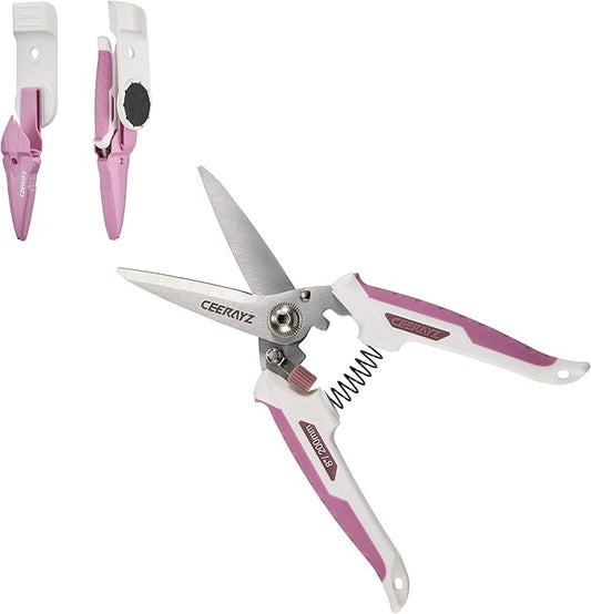 8" Scissors All Purpose, Heavy Duty, Multipurpose, for DIY Projects, Office, Production Lines, Pruning, with Protective Sheath and Magnetic Holder (White/Pink)