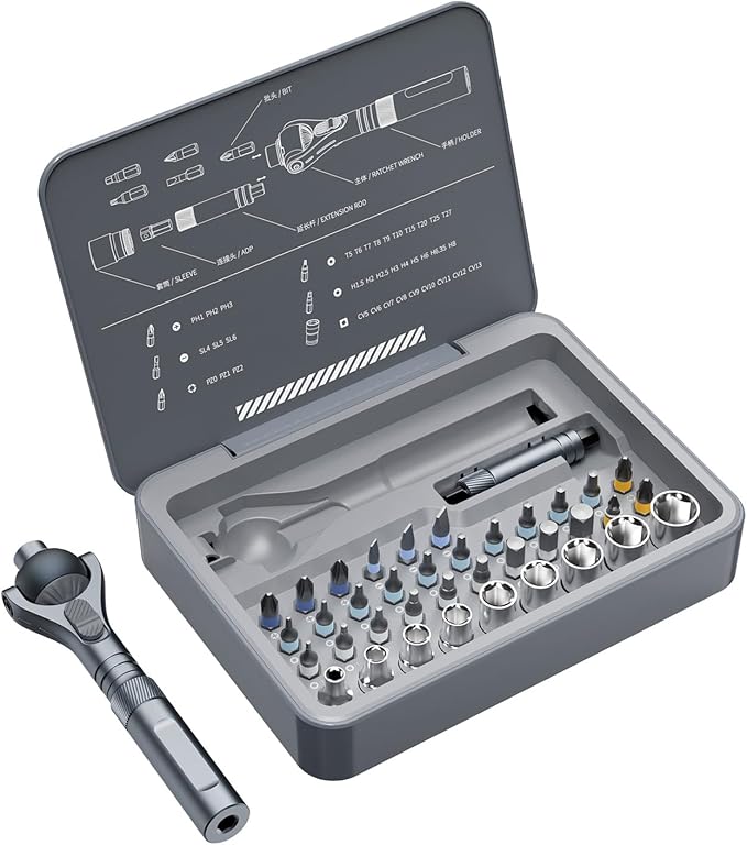 1/4-Inch Drive Ratchet Screwdriver Set, 40 in 1 Precision Bit Set, 9-Piece Socket Set, Alloy Steel, Ergonomic Handle for Electronics & DIY