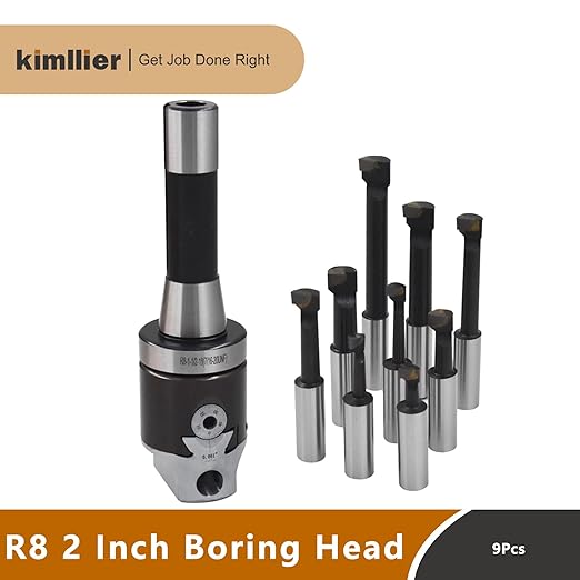 Kimllier 2 Inch Boring Head R8 1/2 Inch Shank Boring Bar Set 9Pcs Carbide Tipped Bars Lathe Tool Fit for Milling Machine