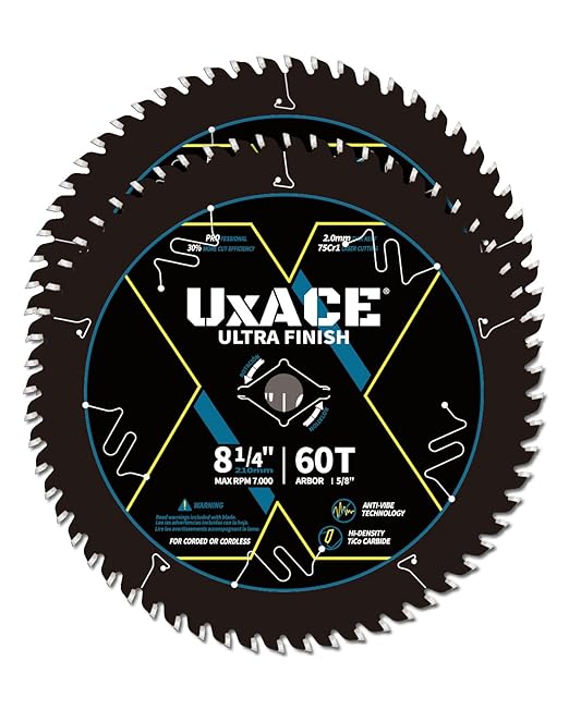 UXACE 8-1/4-Inch 60-Tooth Circular Saw Blade with 5/8-Inch Arbor, Ultra Finish Wood Cutting, Carbide Tip, Thin Kerf, for Plywood, MDF, OSB, Laminated, 2 Pack