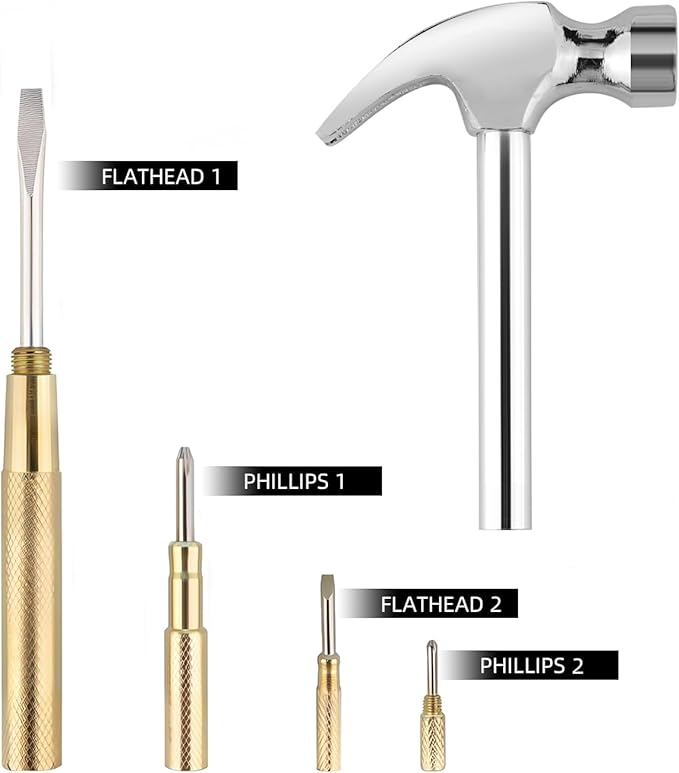 Small Metal Hammer 6 in 1 with Slotted/Flat Head Phillips Screwdriver Claw Hammer Manual, Portable Multifunction Tool Hammer (Gold Silver)