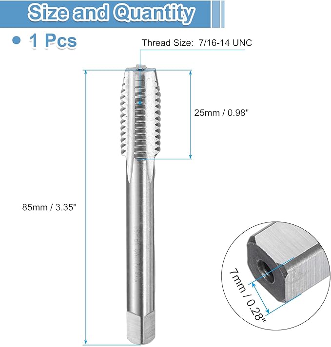 uxcell Hand Bottom Tap 7/16-14 UNC 2B Thread Bottoming Style Threading Taps High Speed Steel HSS6542 Straight Flutes Screw Tapping Tool