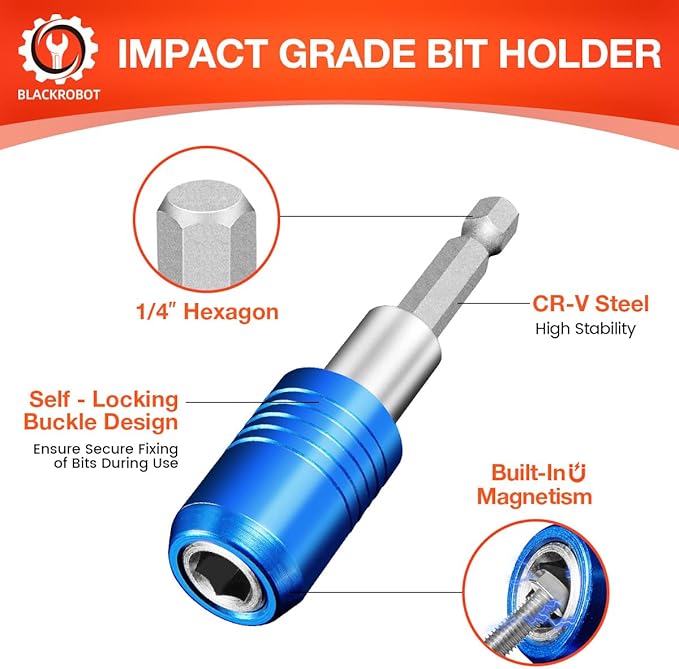 BLACKROBOT 4-Piece Magnetic Quick Change Impact Bit Holder, 2.5-Inch Drill Bit Extension for 1/4" Hex Drives, Ideal for Screwdriver Bits, Nuts, Drills and Socket Driver Adapters