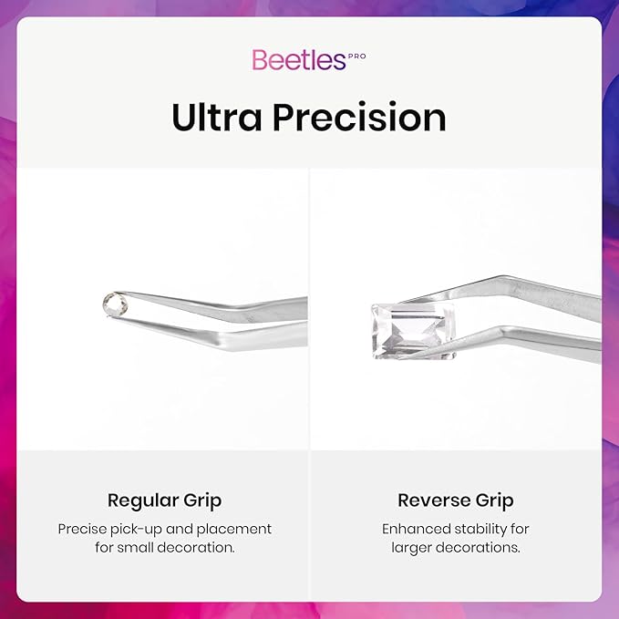 Beetles Pro Sticker Tweezers - Dual Ended Nail Art Tweezer, Curved Tip Pick Up Pearls Rhinestones, Silicone Tip Press Stickers Nail Art Tool Ultra Precision Stainless Steel Nippers