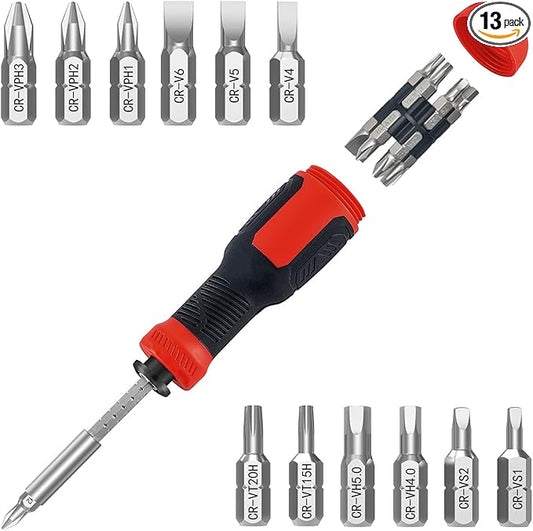 Multi-bit Screwdriver, 13-in-1 Screw Driver Adjustable Mini Screwdriver Set Multitool All in One with Torx Security, Phillips, Hex, Flat Head, Square and 1/4 Nut Driver (Red)