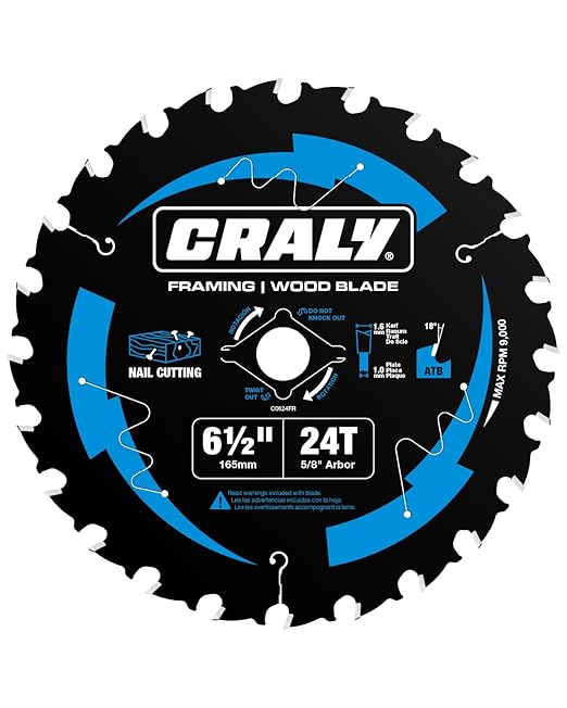 CRALY 6-1/2 Inch 24 Teeth Wood Cutting Framing Circular Saw Blade, 5/8 Inch Arbor, Carbide Tipped, Thin Kerf, Black Ice™ Coating, for Plywood, MDF, OSB, Laminated(C0624FR)