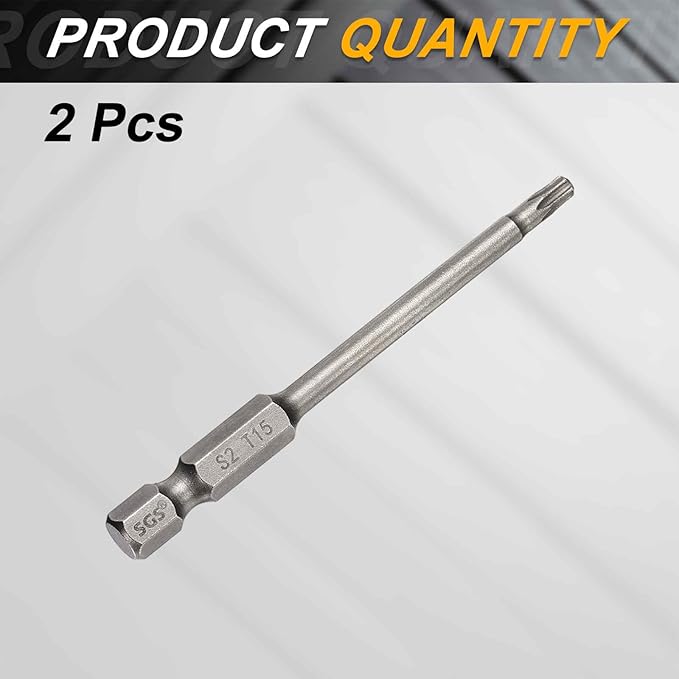 HARFINGTON 2pcs T15 Torx Head Screwdriver Bit 1/4" Hex Shank 3" (75mm) Long Magnetic No Hole Tip Tamper Proof 6 Point Star Screw Driver Drill Bits S2 Steel Industrial Power Screwdrivers