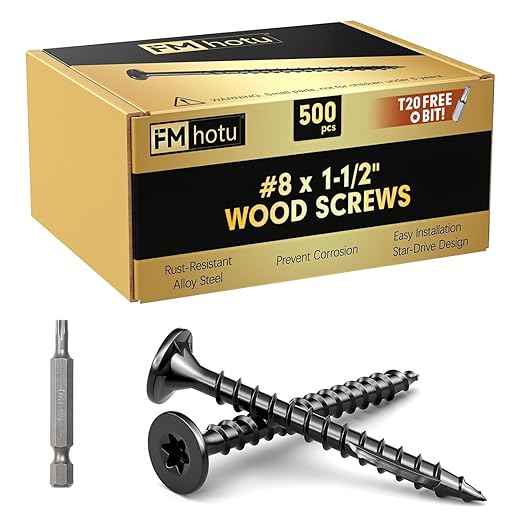#8 x 1-1/2” Deck Screws, 500Pcs Star Drive Wood Screws, Rust Resistant Timber Screws for Timber/Log/Landscaping Wood, T20 Star Bit Included, Black