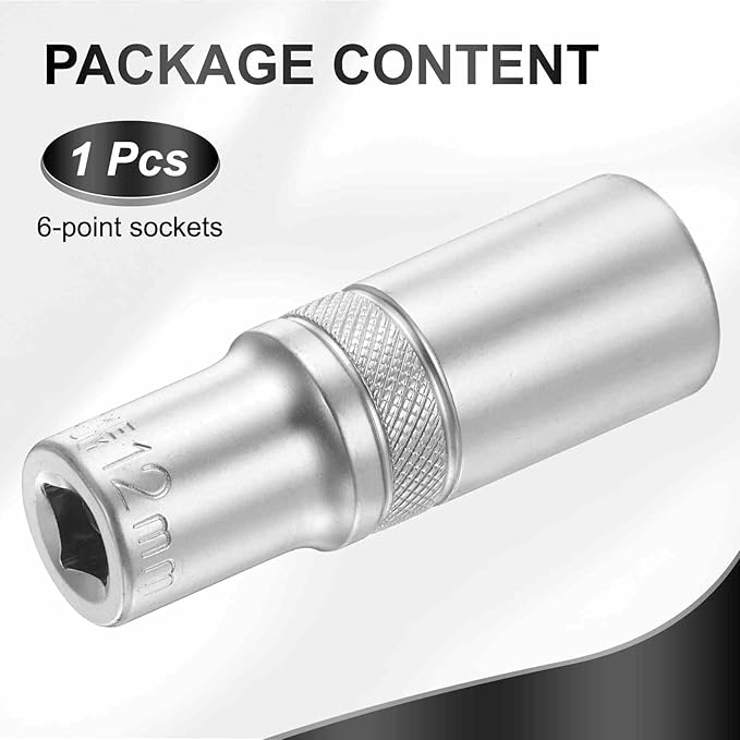 HARFINGTON 6 Points Deep Socket 1/4" Drive 12mm Deep Metric CR-V Steel Polished Nickel Plating Flip Sleeve 50mm / 2" Extra Long Socket Tool for Home Auto Nuts Bolts Repair