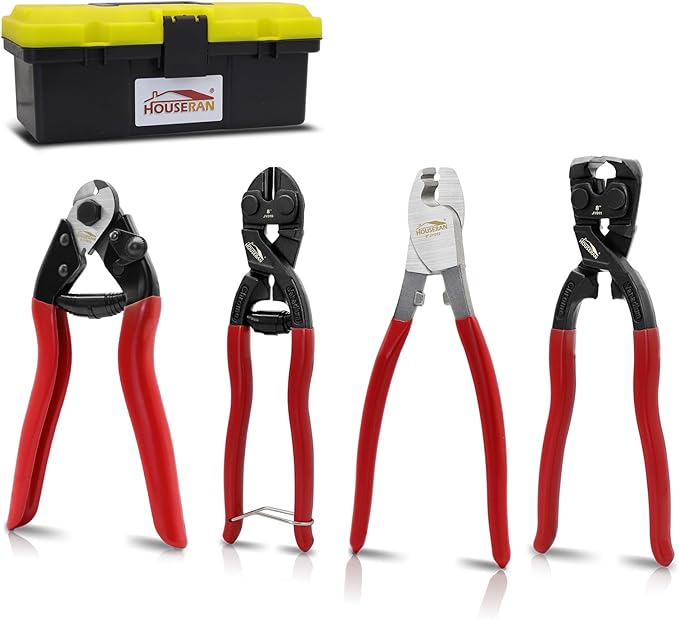 4Pcs Bolt Cutter Pliers Set, 8" Cable Cutter, 8" Bolt Cutter, 8" Wire Rope Cutter, 8" End Cutting Pliers with Toolbox, Cr-V Blade for Cutting Locks, Barbed Wire, Steel Wire, Chains, Rivets