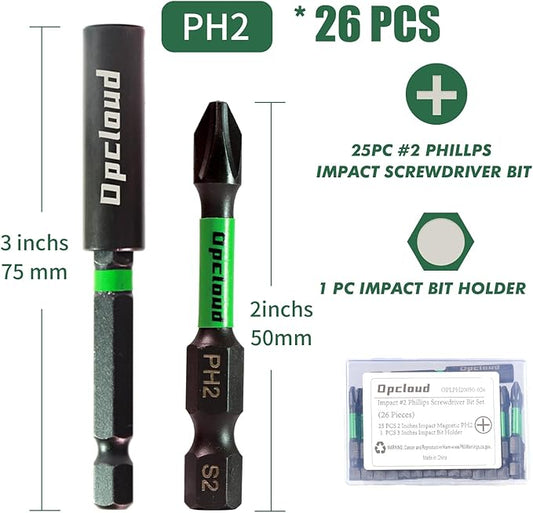 Impact #2 Phillips Screwdriver Bit Set, 26 Pieces 2?쒾2 Steel Magnetic PH2 Tips Driver Power Bit Set with Extension Impact Bit Holder