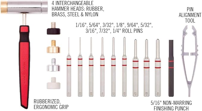 Real Avid Roll Pin Punch Set & Hammer + Non-Slip Magnetic Bench Block | 10 Nickel-Plated Steel Roll Pin Punches, 4 Interchangeable Hammer Heads - Brass, Steel, Ruber, Nylon & Non-Marring Bench Block