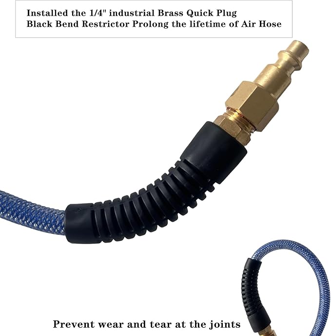Air Hose 1/4 in x 100 ft, Polyurethane(PU), Reinforced Air Compressor Hose, Lightweight, Kink Resistant with 1/4??Industrial High Flow Quick Coupler&Plug, Bend Restrictors,300 PSI (100FT, Dark Blue)