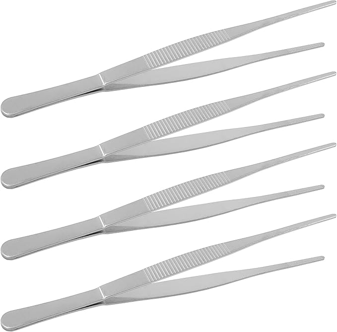 4Pcs 8 Inch Stainless Steel Tweezers, Long Tweezers with Precision Serrated Straight Tips, Non-slip Multitool Tweezer for Cooking, Repairing, Medical, Garden