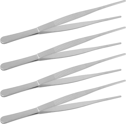 4Pcs 8 Inch Stainless Steel Tweezers, Long Tweezers with Precision Serrated Straight Tips, Non-slip Multitool Tweezer for Cooking, Repairing, Medical, Garden