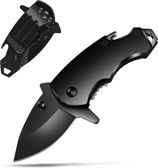 Small Pocket Knife for men, 1.58 Inch Blade, Black Stainless Steel, Compact Keychain knife with Safety Lock and Clip for Camping, Hiking, Daily Tasks, Mini Folding Box Cutter EDC Gadgets Tools