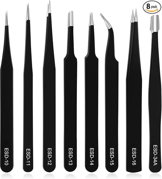 Ainiv Precision Tweezers Set, 8PCS Anti-Static ESD Tweezers, Non-Magnetic Stainless Steel Curved Tweezers Set for Modeling, Electronic Repair, Handicraft, Laboratory, Jewelry Manufacturing, Hobby etc