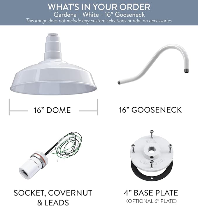 Steel Lighting Co. | Dusk to Dawn | Gardena Barn Light | Outdoor Wall Mounted | 16" Dome | 16" Gooseneck | Farmhouse Light Made in America | White Exterior/White Interior