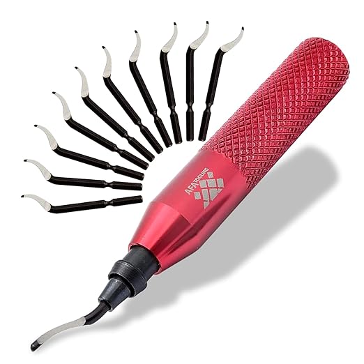AFA Tooling - Deburring Tool with 11 HSS M2 Blades - Micro-Polished & Anodized Aluminum Handle with Diamond Knurled Grip - Ideal for Smaller Holes up to 1.5mm, 3D Printing, PVC & Metal