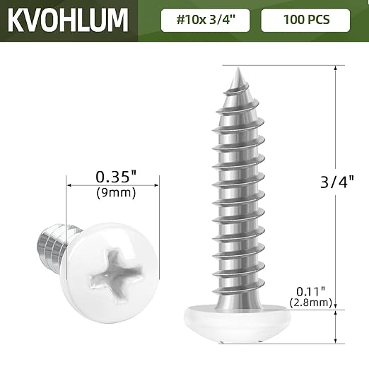 100 PCS #10 x 3/4" White Head Sheet Metal Screws, Pan Head Phillips Fast Self Tapping Screws, Carbon Steel Round Head Wood Screws, Screwdriver Bit Included