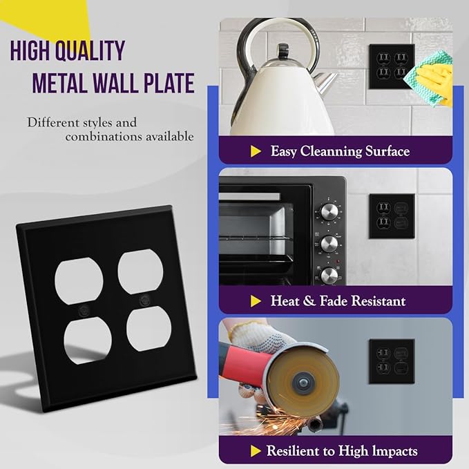 ENERLITES Double Duplex Receptacle Metal Wall Plate, Corrosion Resistant, Standard Size 2-Gang 4.50" x 4.57", Powder Coated Stamped Steel, 7722-BM, Black Matte