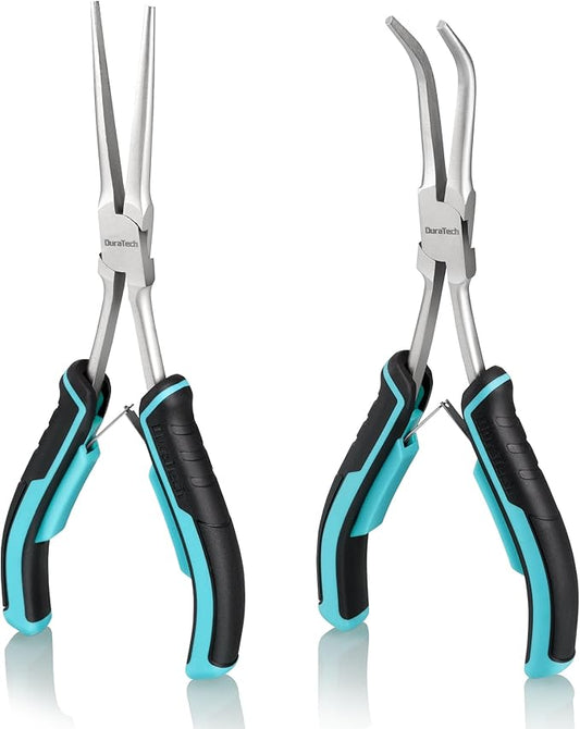 DURATECH 2PCS 7" Long Reach Needle Nose Pliers Set, Long Nose Pliers & Bent Nose Pliers, Small Needle Nose Pliers for Jewelry Making, Wire Wrapping, Wire Bending and Object Gripping on Narrow Space