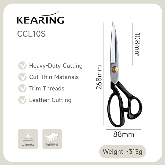 KEARING 10 Inch Heavy Duty Fabric Scissors, Professional Tailor Shears for Precision Cutting of Leather, Denim, and Multi-Layer Fabrics for Sewing, Quilting, Dressmaking - 0.6 lb - Left-Handed